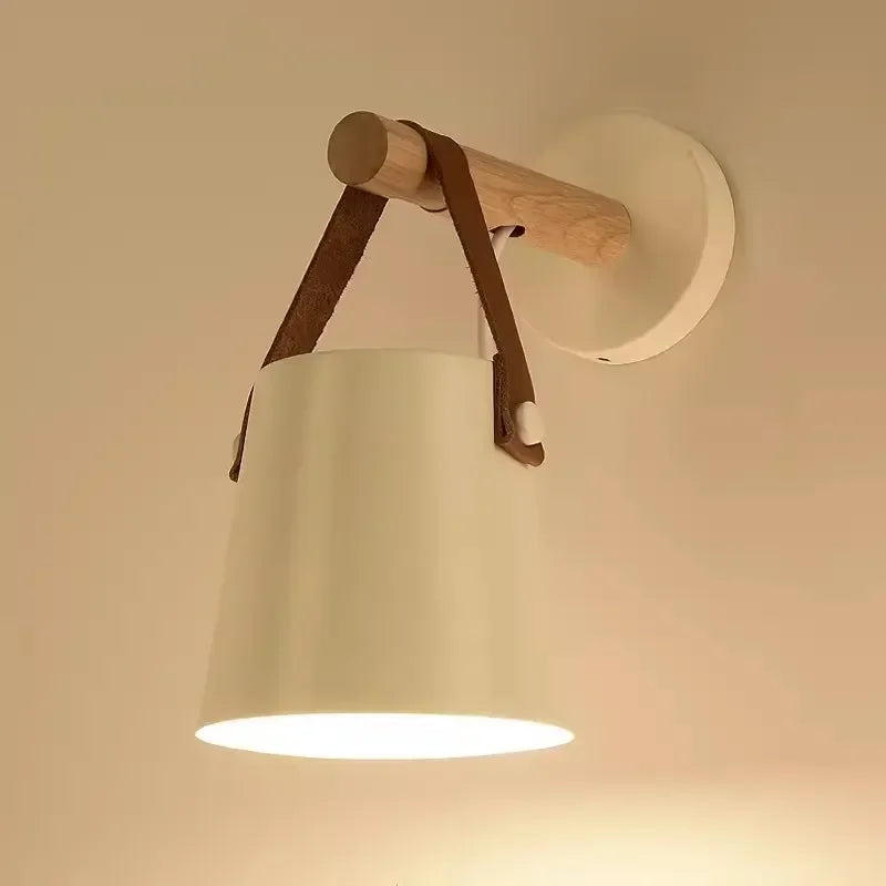 Nordic Wood &amp; Leather Wall Lamp | Hanging Bedside Light