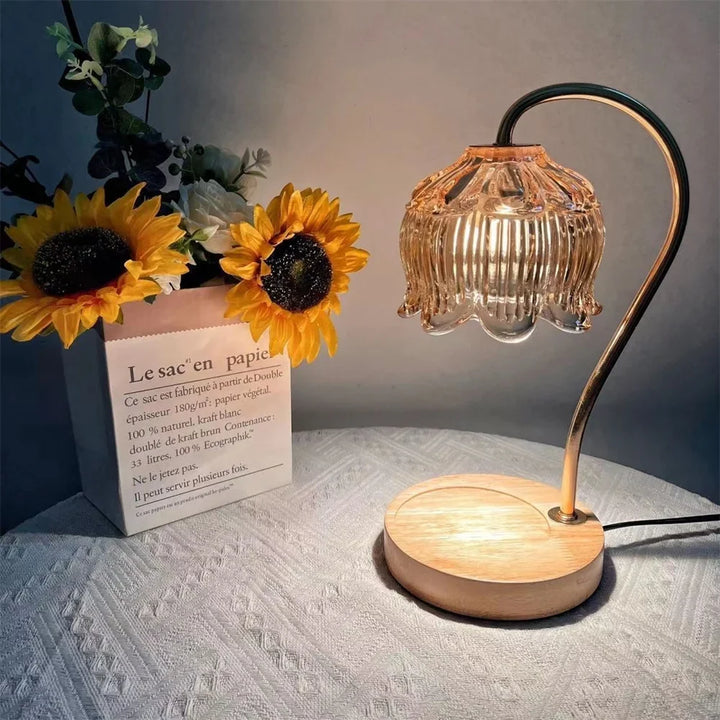 Candle Warmer Lamp | Retro Glass Shade &amp; Solid Wood Base