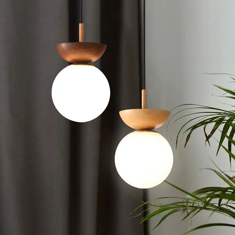 Modern Nordic Glass Ball Ceiling &amp; Pendant Light | Wood Finish