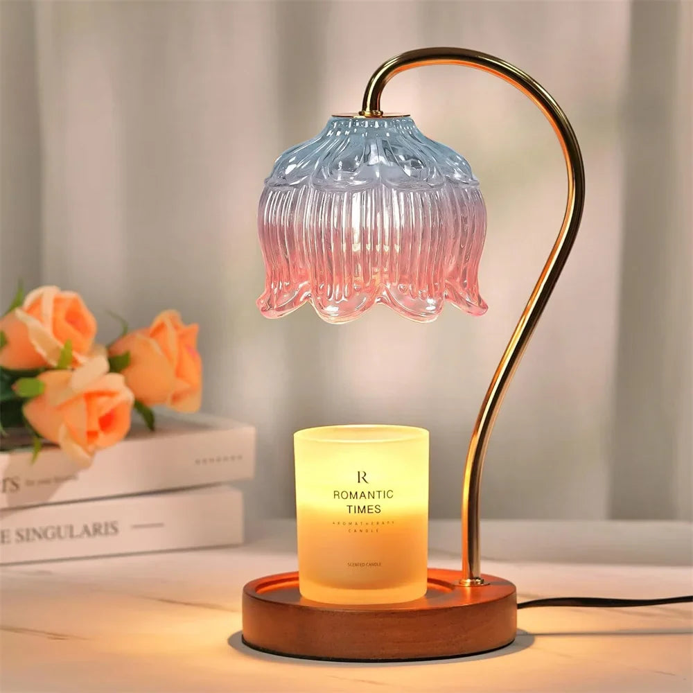 Candle Warmer Lamp | Retro Glass Shade &amp; Solid Wood Base