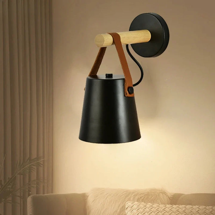 Nordic Wood &amp; Leather Wall Lamp | Hanging Bedside Light