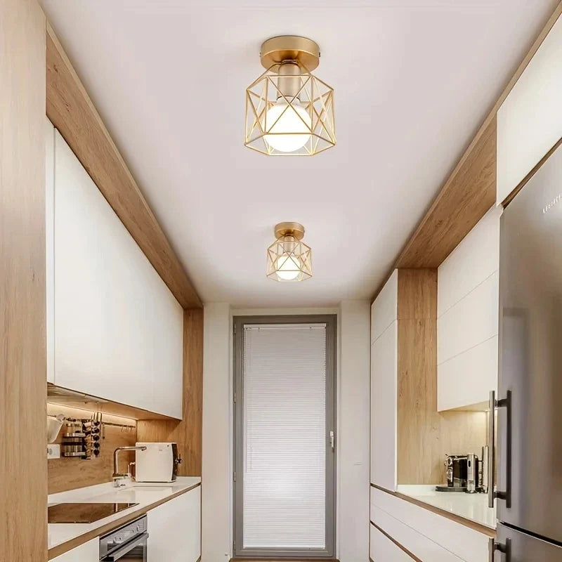 Modern Gold Ceiling Light | Geometric Metal Cage Design