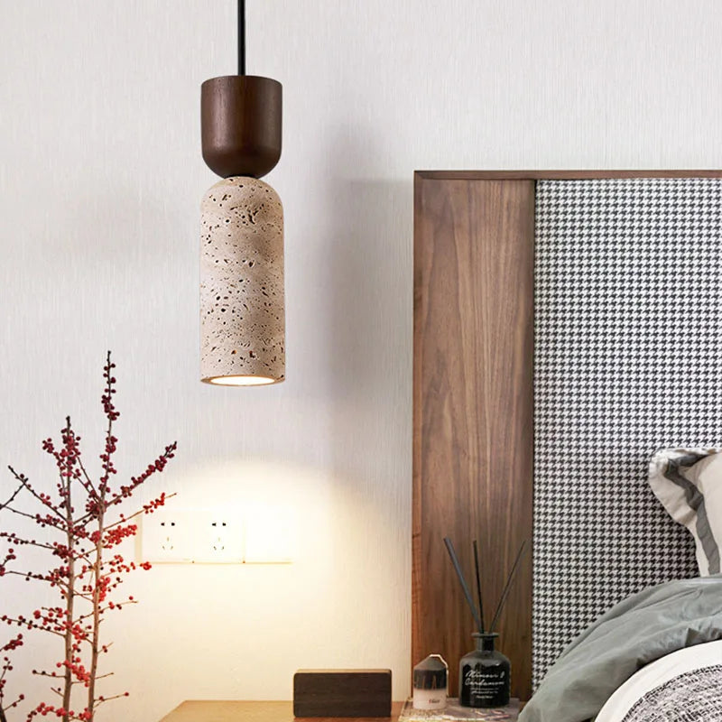 Wabi-Sabi Travertine &amp; Wood Pendant Light | Japanese Minimalist Bedside Lighting