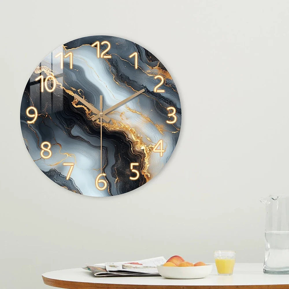 Blue &amp; Gold Marble Wall Clock | Silent Wooden Design