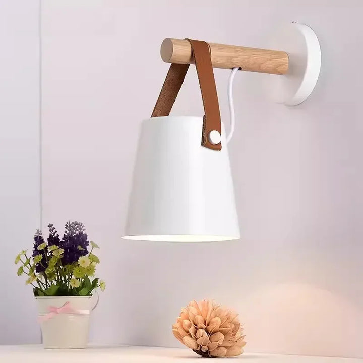 Nordic Wood &amp; Leather Wall Lamp | Hanging Bedside Light