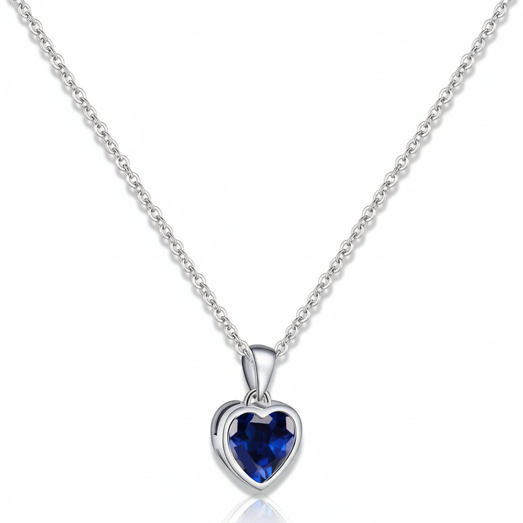 Silver Necklace Heart Pendant Sapphire Birthstone