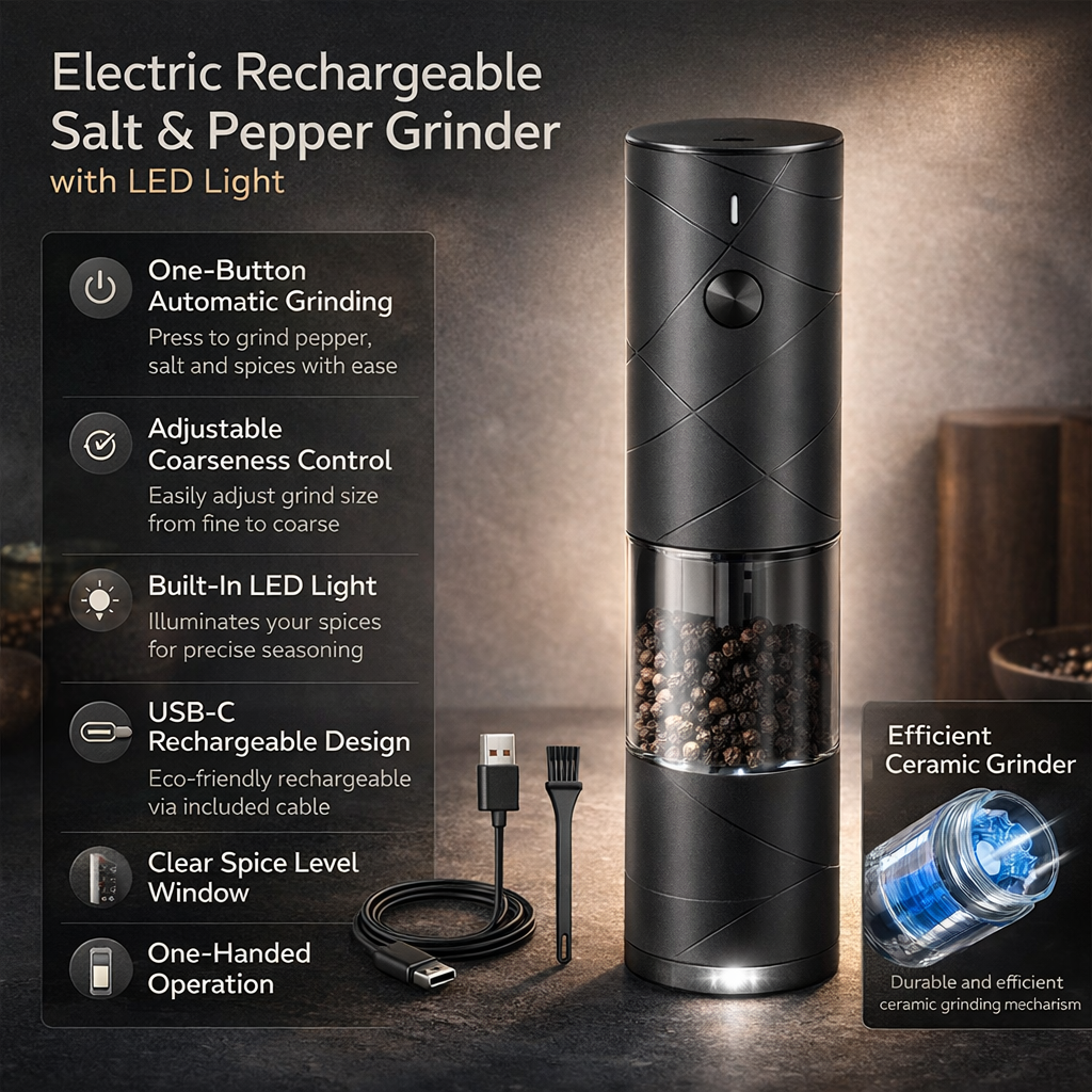 Salt Pepper Grinder Electric Rechargeable LED Light