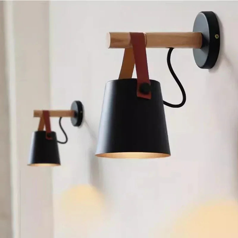 Nordic Wood &amp; Leather Wall Lamp | Hanging Bedside Light