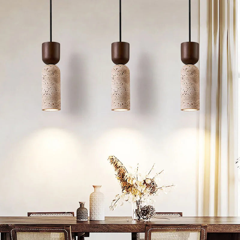 Wabi-Sabi Travertine &amp; Wood Pendant Light | Japanese Minimalist Bedside Lighting