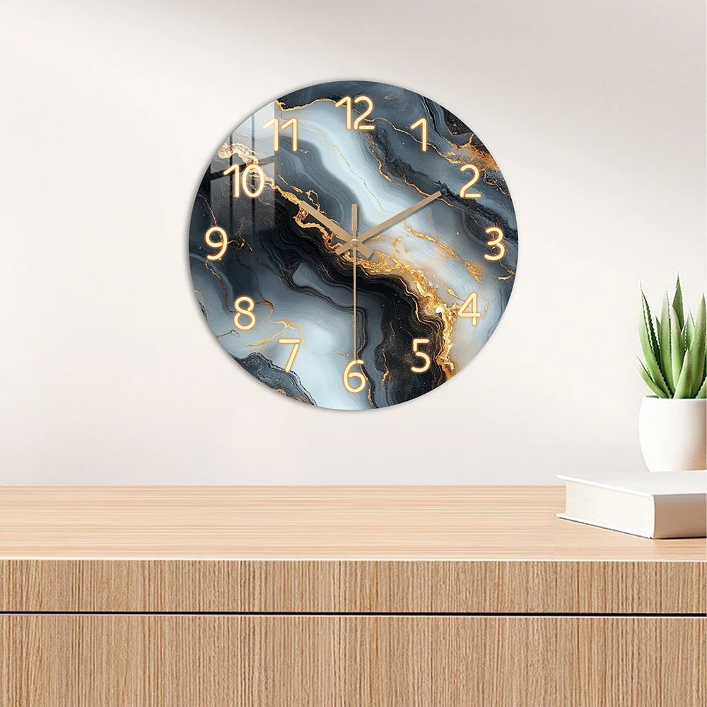 Blue &amp; Gold Marble Wall Clock | Silent Wooden Design