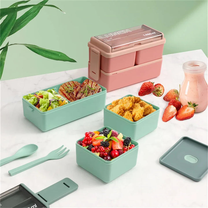 1400ml Double Layer Bento Box | Portable Lunch Box with Fork &amp; Spoon – Microwave Safe Food Storage for Kids &amp; Adults