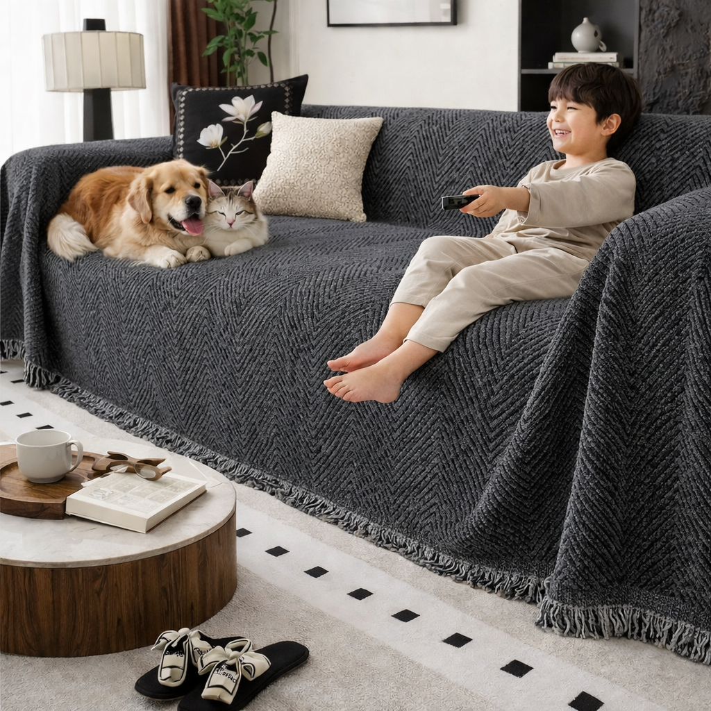 Sofa Cover Herringbone Stripe Non Slip Microfiber Couch Protector