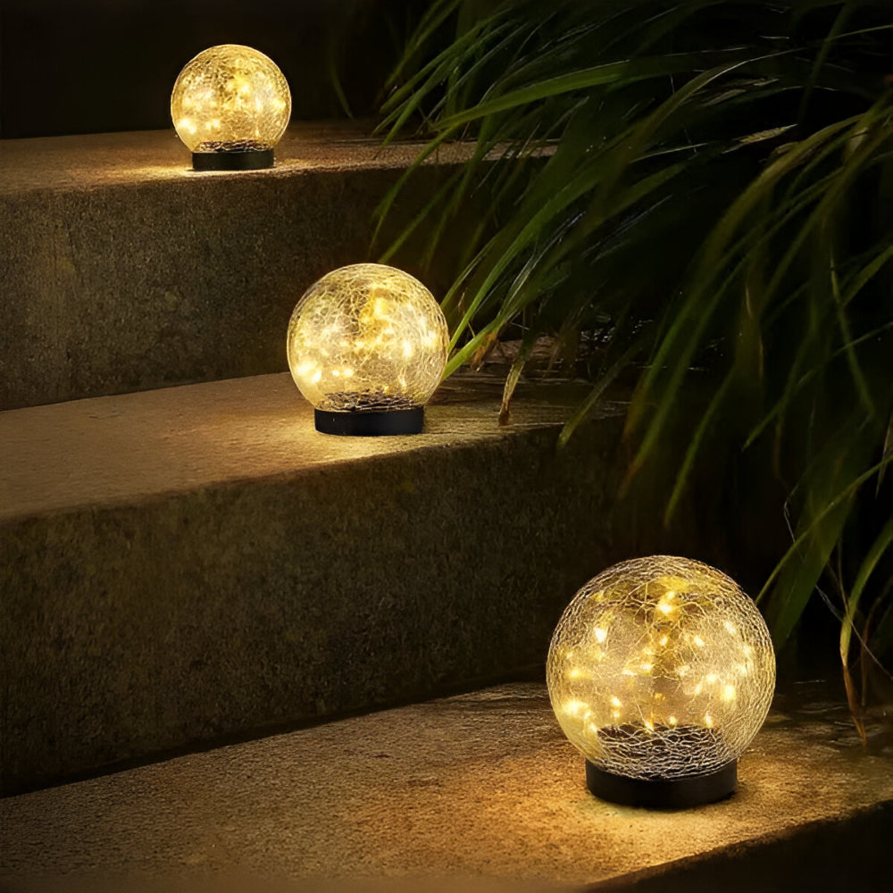 Solar Lights Orb Crackle Glass Sphere Path Accent Outdoor Glow