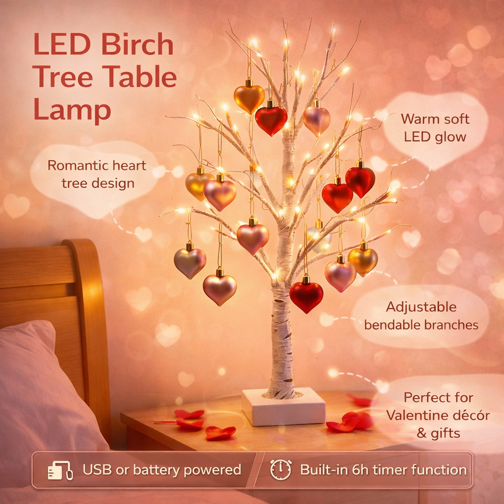 Table Lamp LED Birch Tree Heart Light Valentines Home Decor