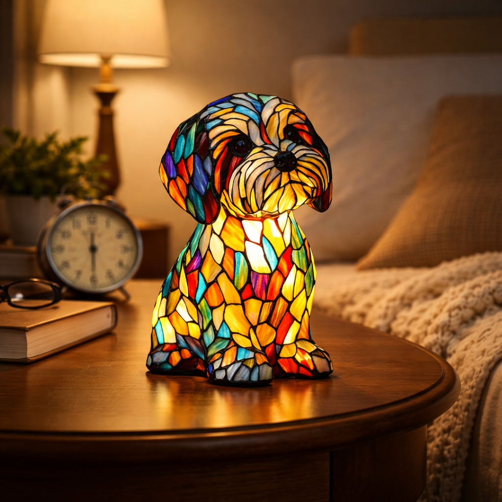 Table Lamp Stained Glass Dog LED Night Light Resin Decor