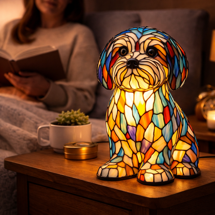 Table Lamp colourful Stained Glass Dog LED Decorative Night Light
