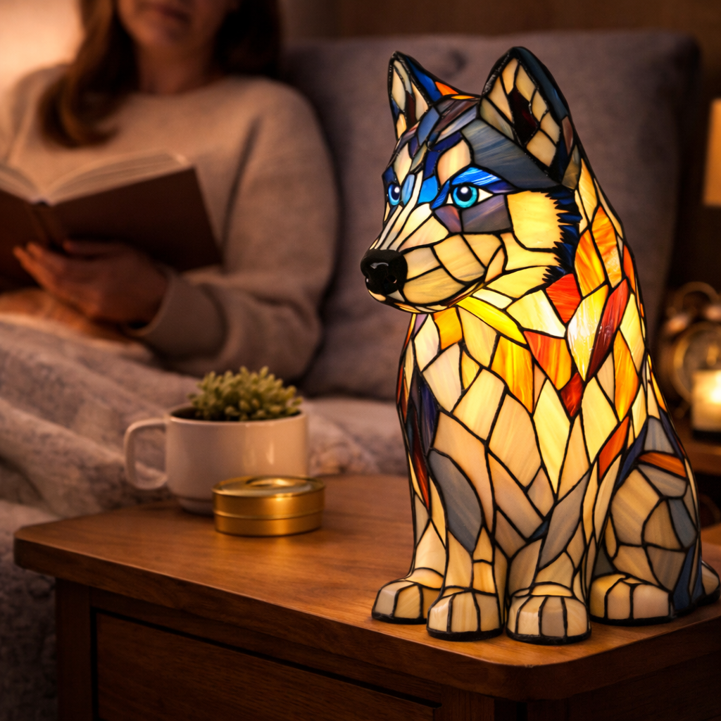 Table Lamp colourful Stained Glass Dog LED Decorative Night Light