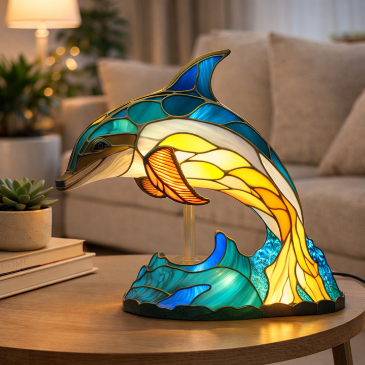 Table Lamp Animal LED Accent Light Stained Glass Style Decor