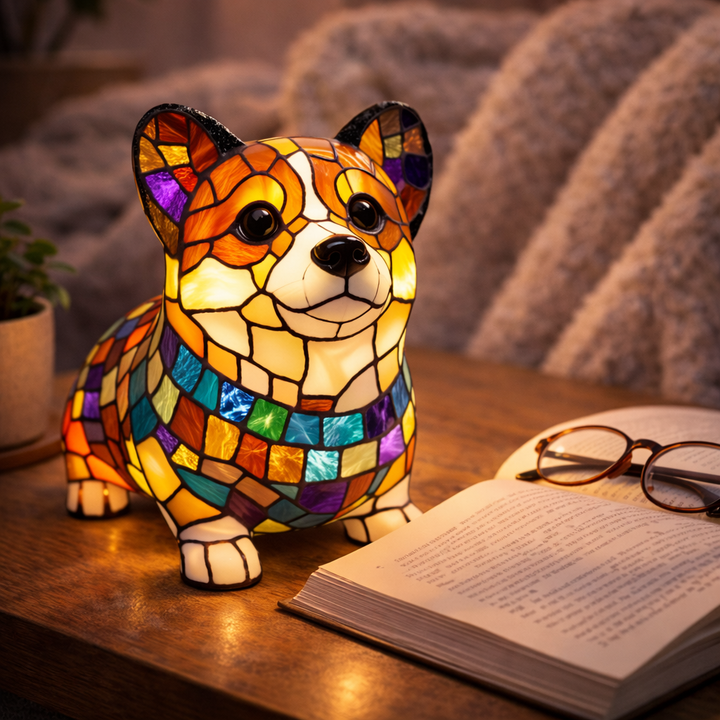 LED Table Lamp Dog Figurine Stained Glass Night Light Bedroom