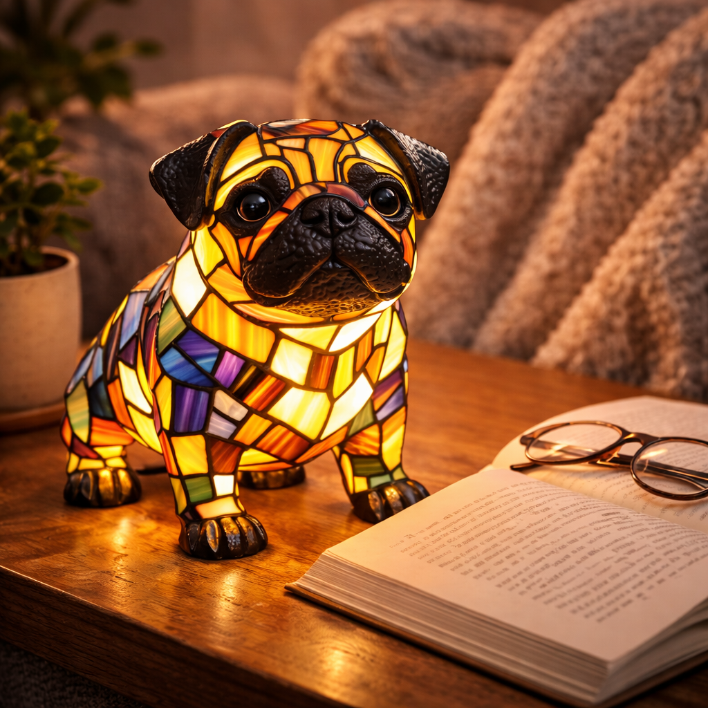 LED Table Lamp Dog Figurine Stained Glass Night Light Bedroom