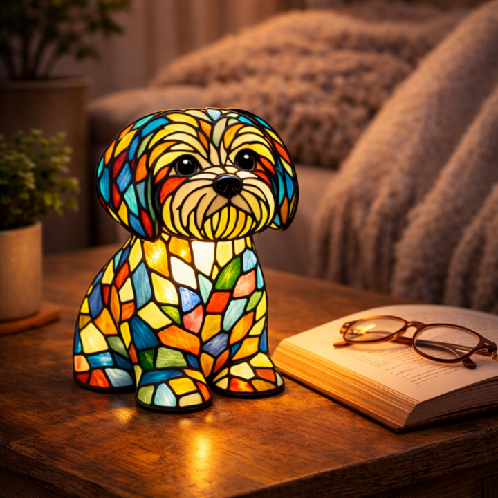 Table Lamp Dog LED Night Light Stained Glass Style Bedroom