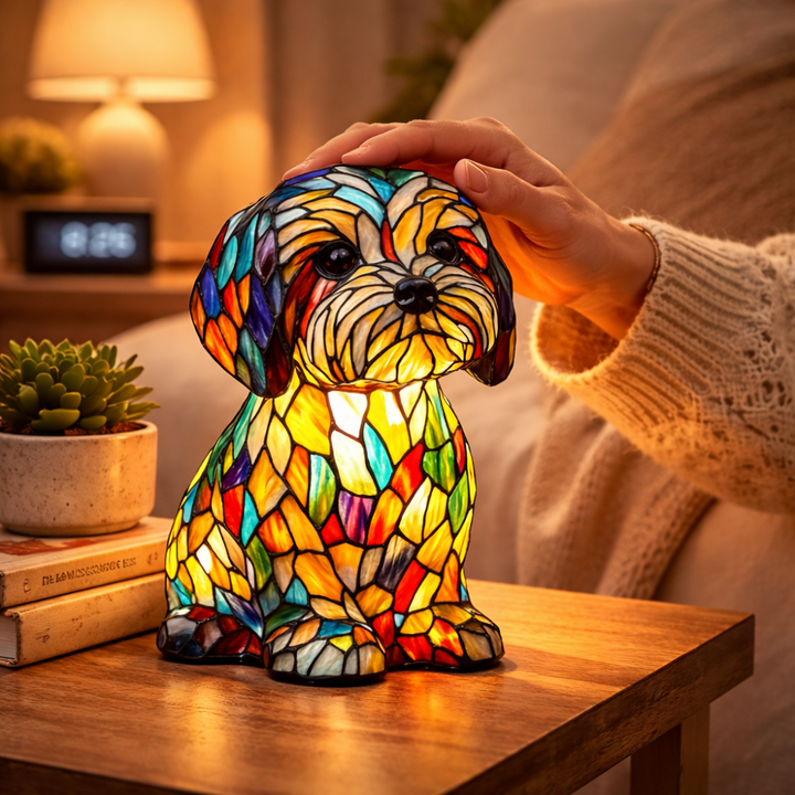 Table Lamp Dog LED Night Light Stained Glass Style Bedroom