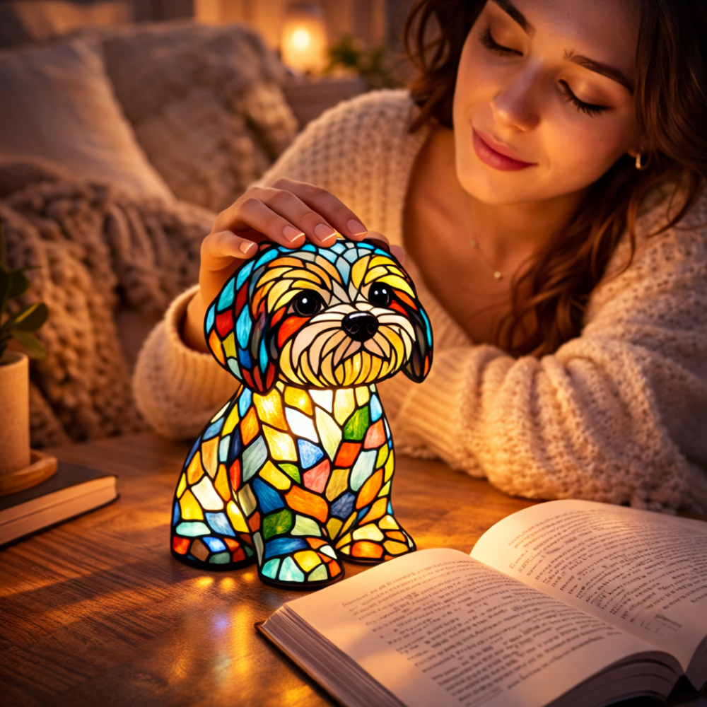 Table Lamp Dog LED Night Light Stained Glass Style Bedroom