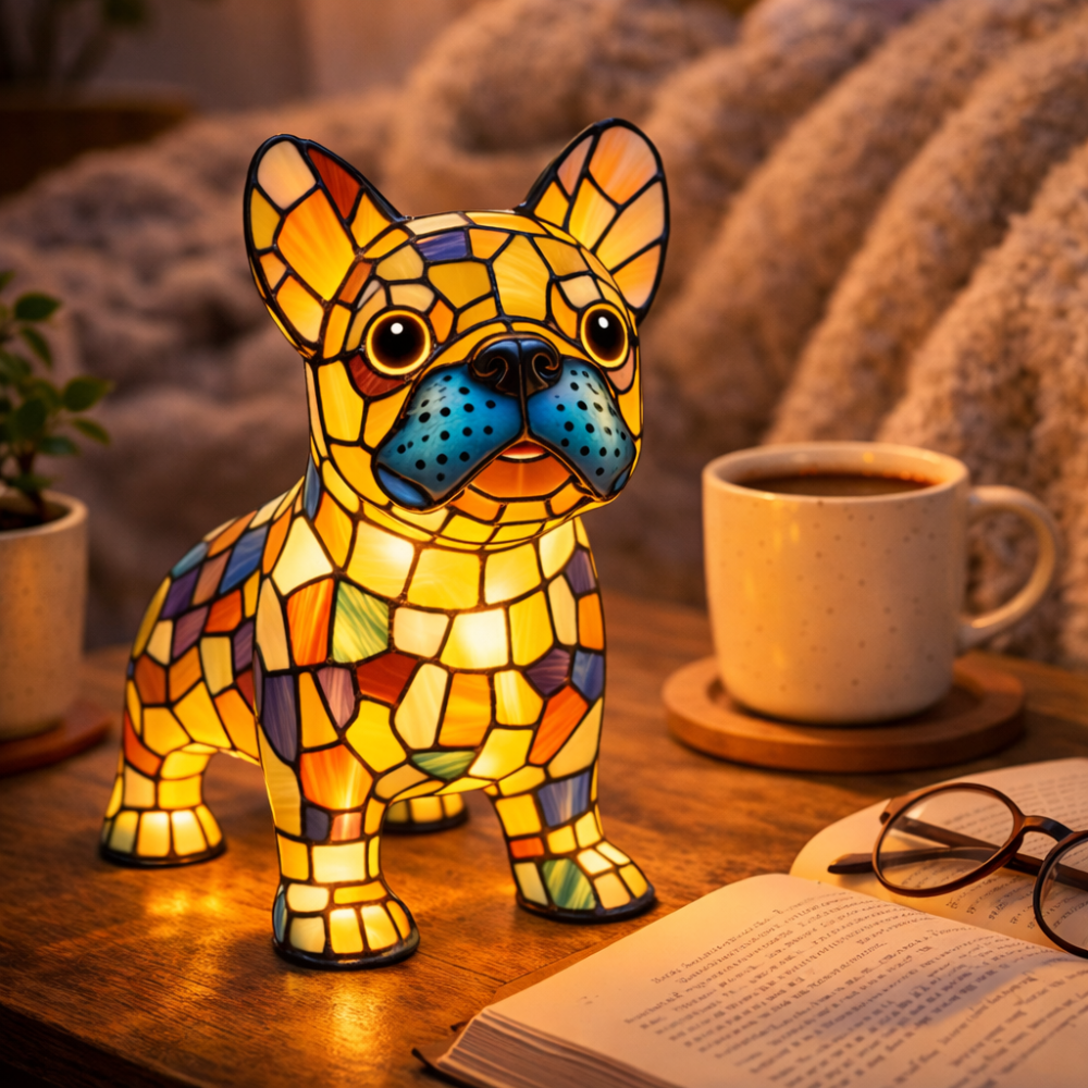 Table Lamp Dog LED Night Light Stained Glass Style Bedroom