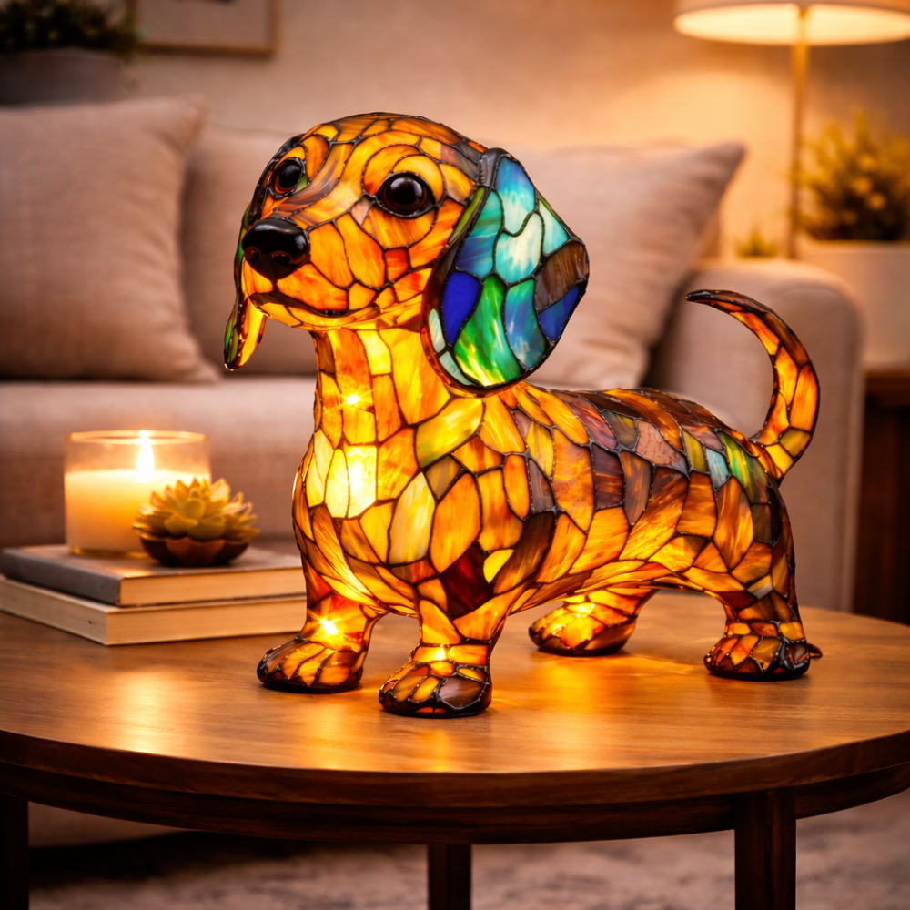 Table Lamp Stained Glass Dog LED Night Light Decorative Desk Lamp