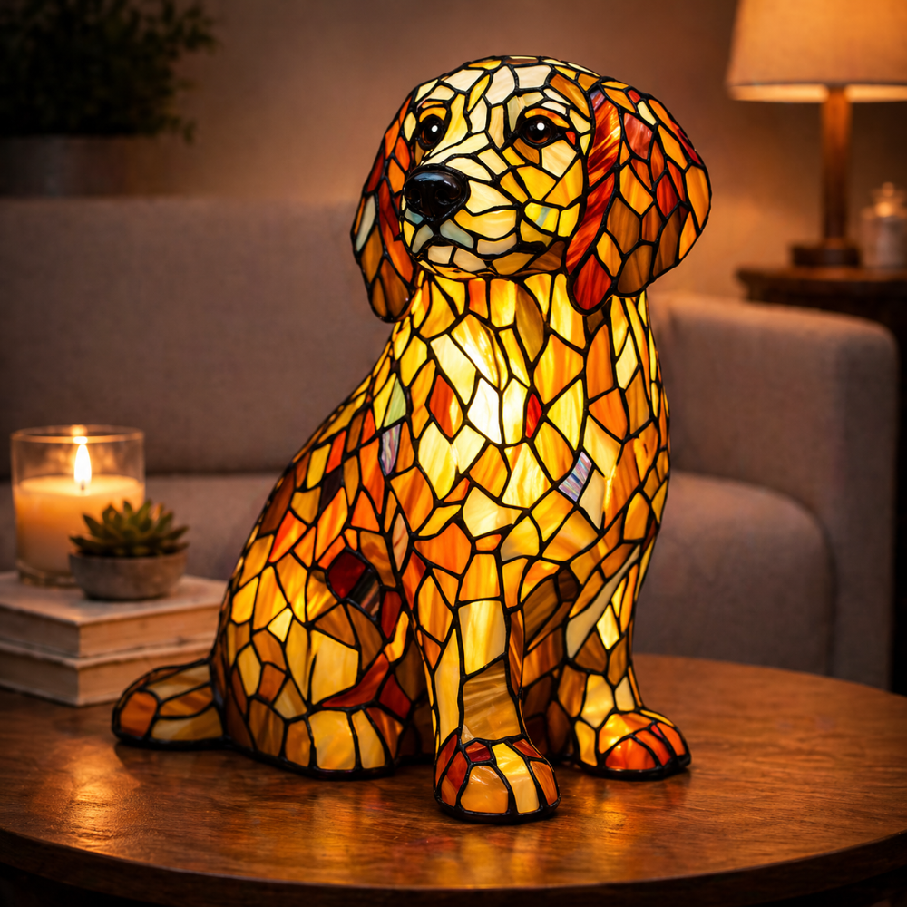 Table Lamp Stained Glass Dog LED Night Light Decorative Desk Lamp