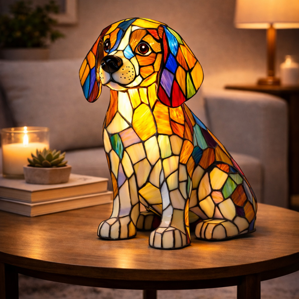 Table Lamp Stained Glass Dog LED Night Light Decorative Desk Lamp