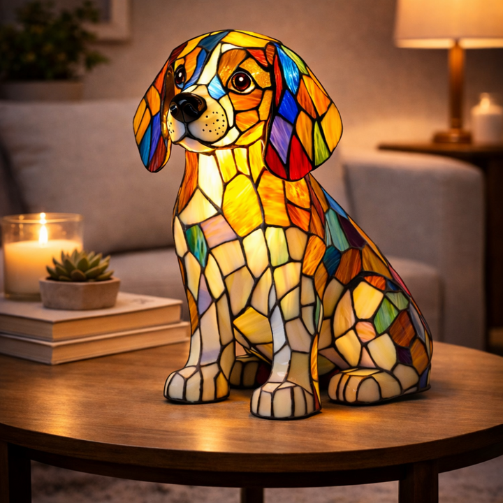 Table Lamp Stained Glass Dog LED Night Light Decorative Desk Lamp