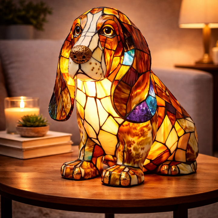 Table Lamp Stained Glass Dog LED Night Light Decorative Desk Lamp