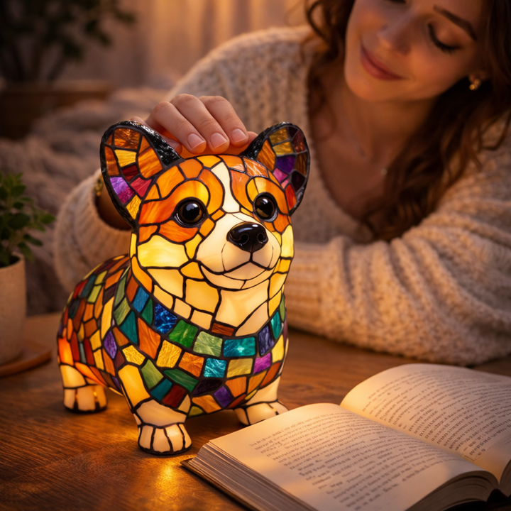 LED Table Lamp Dog Figurine Stained Glass Night Light Bedroom