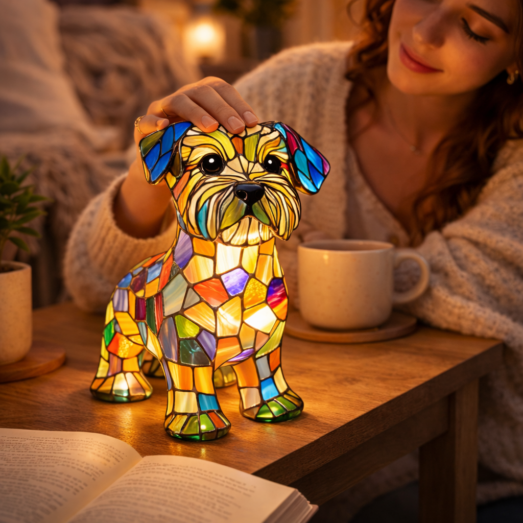 LED Table Lamp Dog Figurine Stained Glass Night Light Bedroom