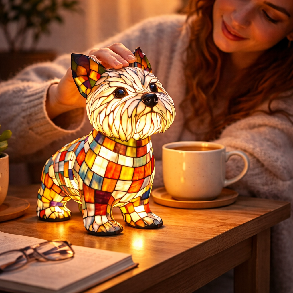 LED Table Lamp Dog Figurine Stained Glass Night Light Bedroom