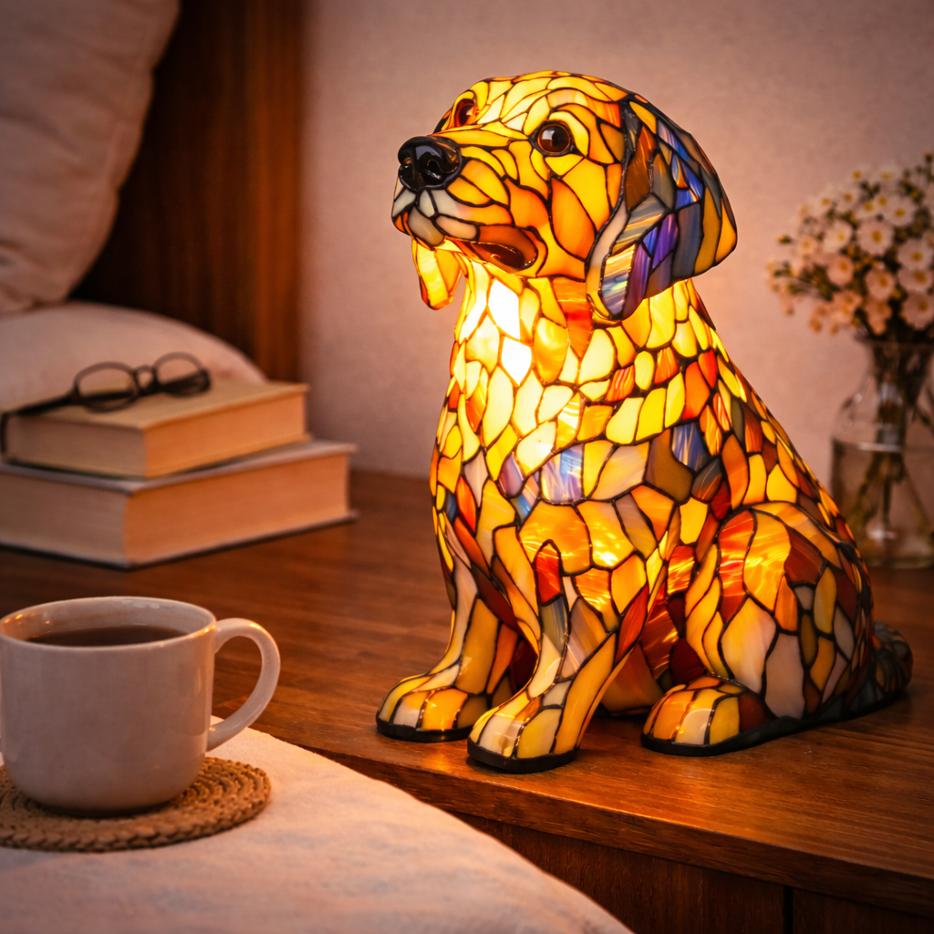colourful Dog Table Lamp Stained Glass LED Night Light Bedroom