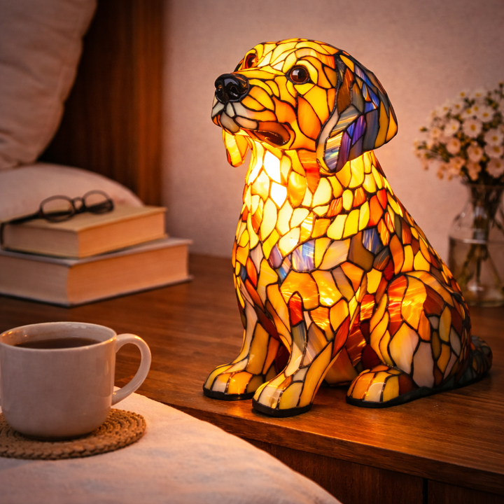 colourful Dog Table Lamp Stained Glass LED Night Light Bedroom