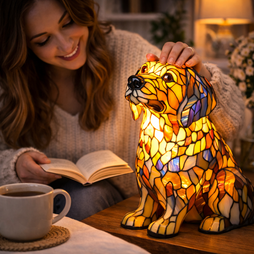 colourful Dog Table Lamp Stained Glass LED Night Light Bedroom