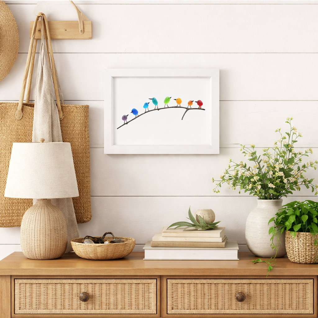 Wall Art Picture Frame Sea Glass Bird Driftwood Coastal Display
