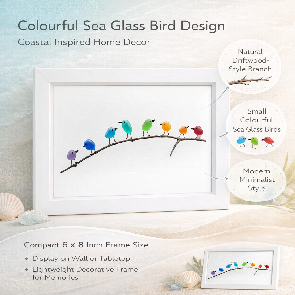 Wall Art Picture Frame Sea Glass Bird Driftwood Coastal Display