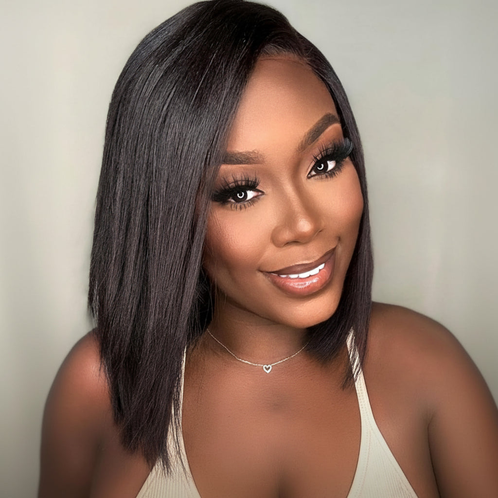 Human Hair Wig Glueless Bob Straight Yaki Lace Front Wig