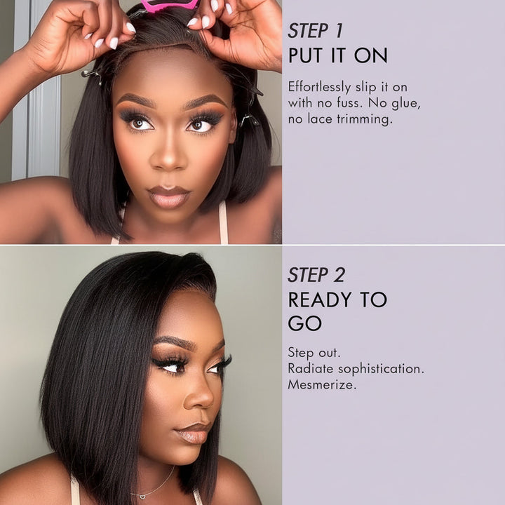 Human Hair Wig Glueless Bob Straight Yaki Lace Front Wig