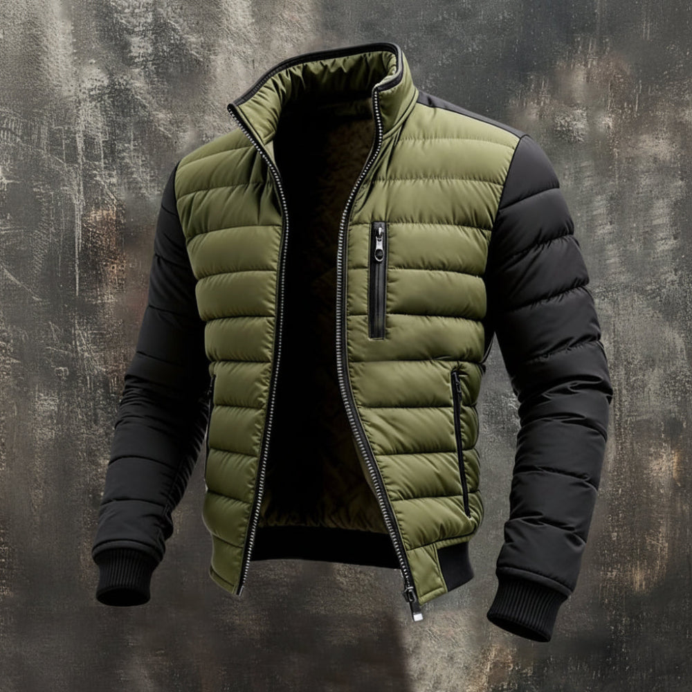 Winter Jacket Puffer Quilted Zip Front Contrast Sleeve Coat