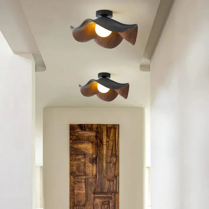 Scandinavian Wooden Lotus Ceiling Light | Resin &amp; Iron Modern Flush Lamp