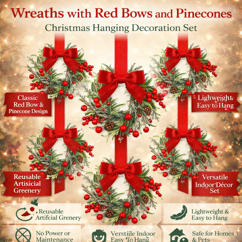 Christmas Wreath Hanging Red Bow Pinecone Holiday Decor