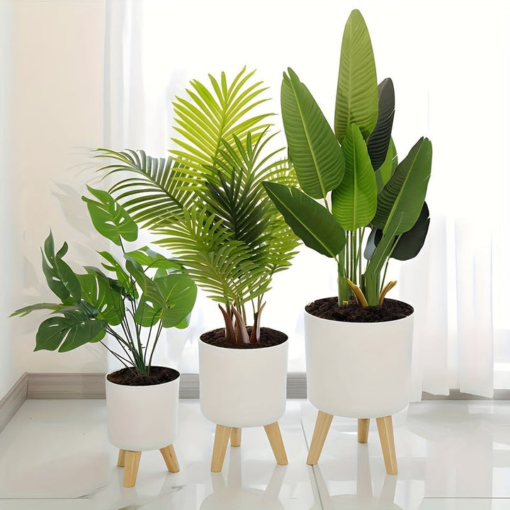 Modern Round Planter with Wooden Legs | Indoor &amp; Outdoor Decorative Plant Pot
