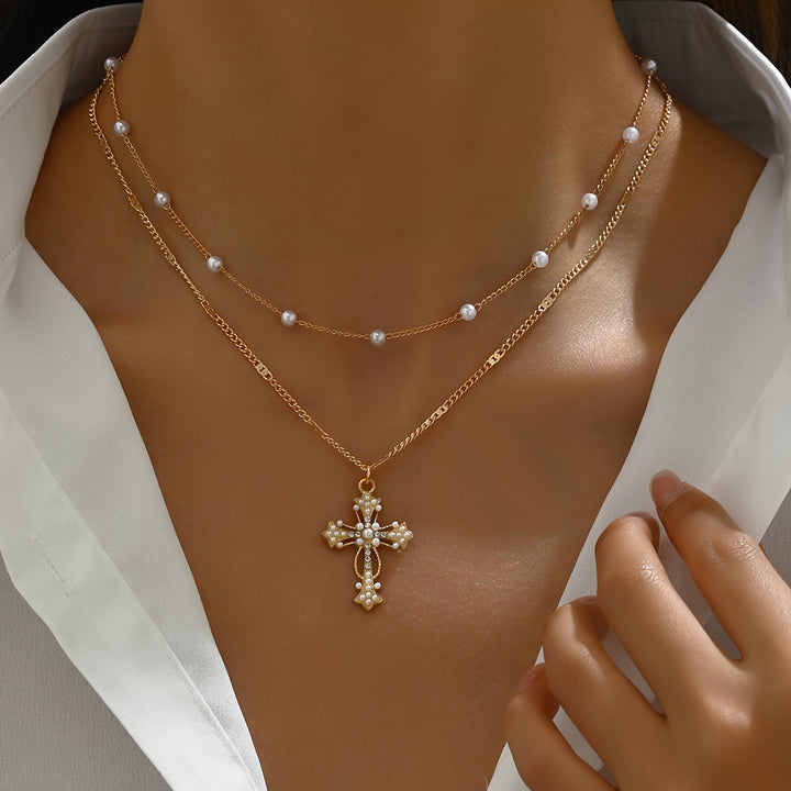 Necklace Cross Pendant Mothers Day Gold Layered Beaded Necklace