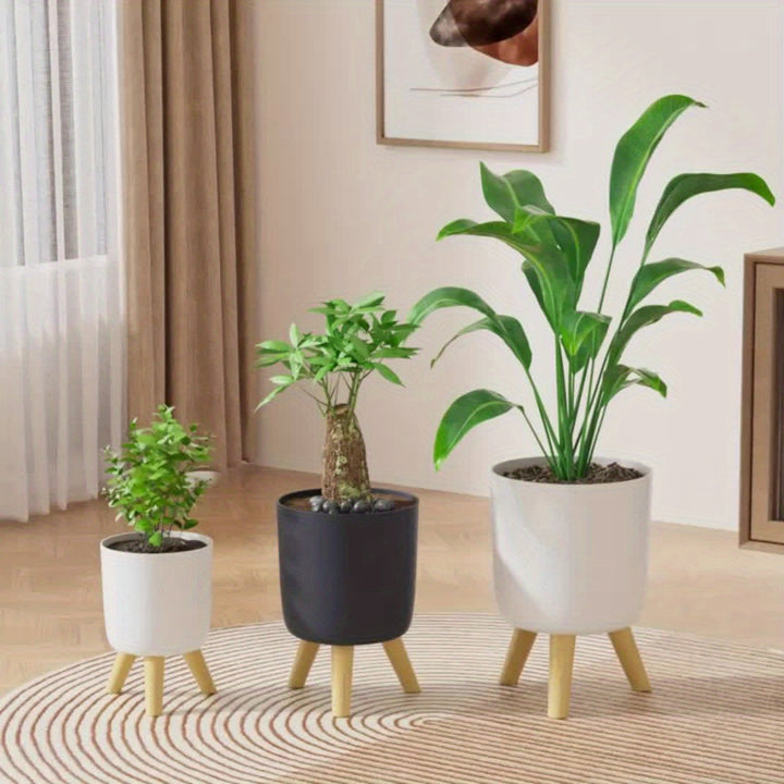 Modern Round Planter with Wooden Legs | Indoor &amp; Outdoor Decorative Plant Pot