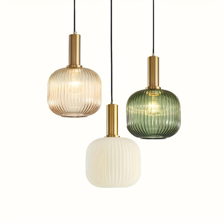 Modern Striped Glass Pendant Light | Brass &amp; Ribbed Glass Shade